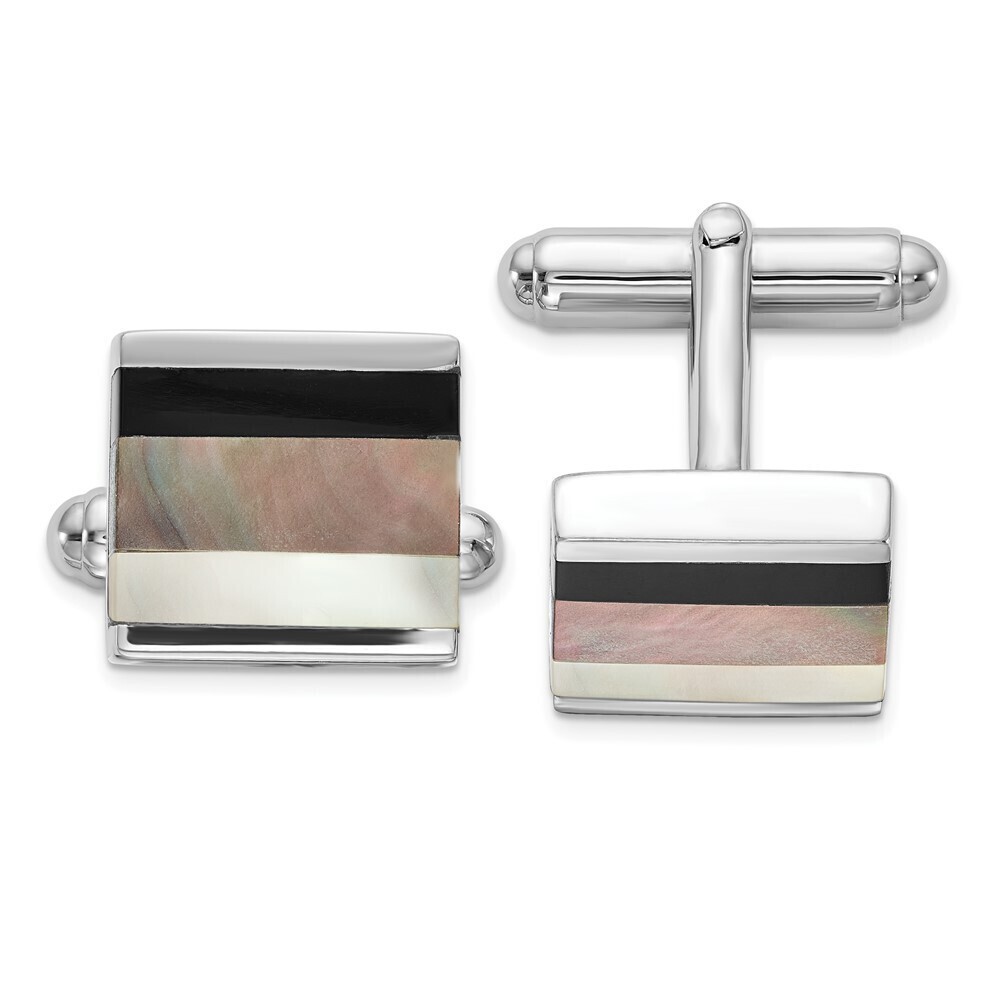 925 Sterling Silver Genuine RH-plated Onyx & White/Grey MOP Cuff Links